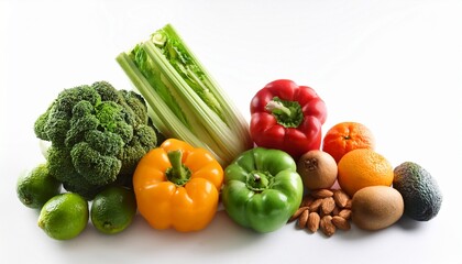Fresh organic vegetables and fruits on white background