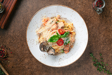 Portion of gourmet seafood salmon pasta