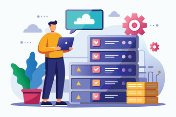 A person stands with a laptop, overseeing data storage servers while cloud technology and a plant add a modern touch to the workspace environment.