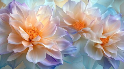 Three beautiful flowers in a variety of pastel colors are visible
