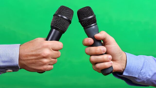 Two Hands Holding Microphones Against a Green Screen Background
