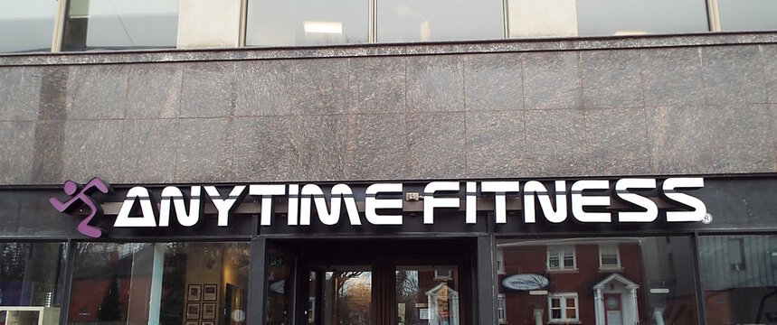Ottawa, ON, Canada-April 28, 2025: The  storefront of "Anytime Fitness" on Wellington street West.