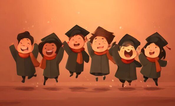cartoon Group of happy graduates jumping together celebrating their graduation