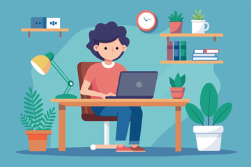 A person sits at a wooden desk using a laptop, surrounded by plants, books, and a wall clock in a vibrant home office setting filled with natural light.