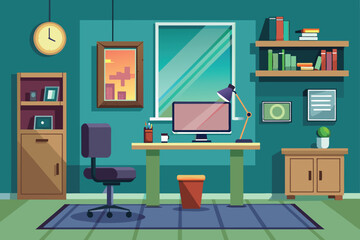 The workspace features a computer on a desk, a chair nearby, colorful shelves filled with books, and a modern wall clock ticking away in a teal room.