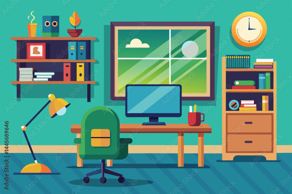 Poster the workspace includes a desk with a computer, colorful bookshelves, and a lamp, all set against a w