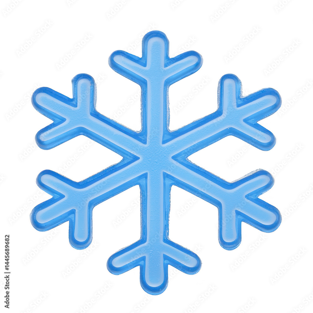 Poster blue snowflake icon with simple, symmetrical design, representing winter and cold weather. snowflake