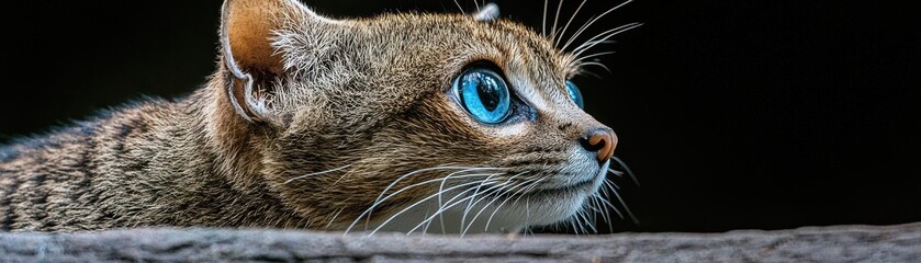 A beautiful cat with bright blue eyes gazes forward intently