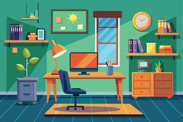 A welcoming home office features a desk with a computer, a cozy chair, shelves filled with books, a potted plant, and warm lighting, creating an inspiring work environment.