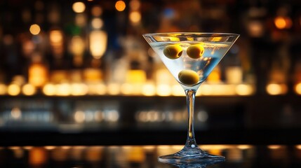 Elegant cocktail glass with olives on a blurred bar background