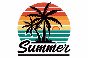 retro sunset beach palm tree vector illustration,  summer vibes t-shirt design