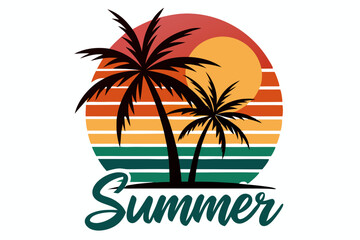 retro sunset beach palm tree vector illustration,  summer vibes t-shirt design