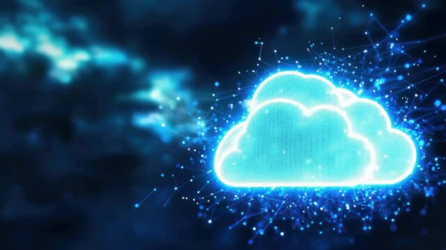Futuristic glowing cloud symbol with digital connectivity and network concept.