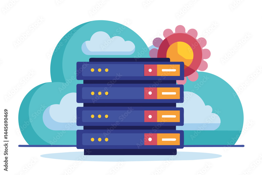 Aufkleber four server racks are illustrated amid fluffy clouds and a bright sun, symbolizing the integration o