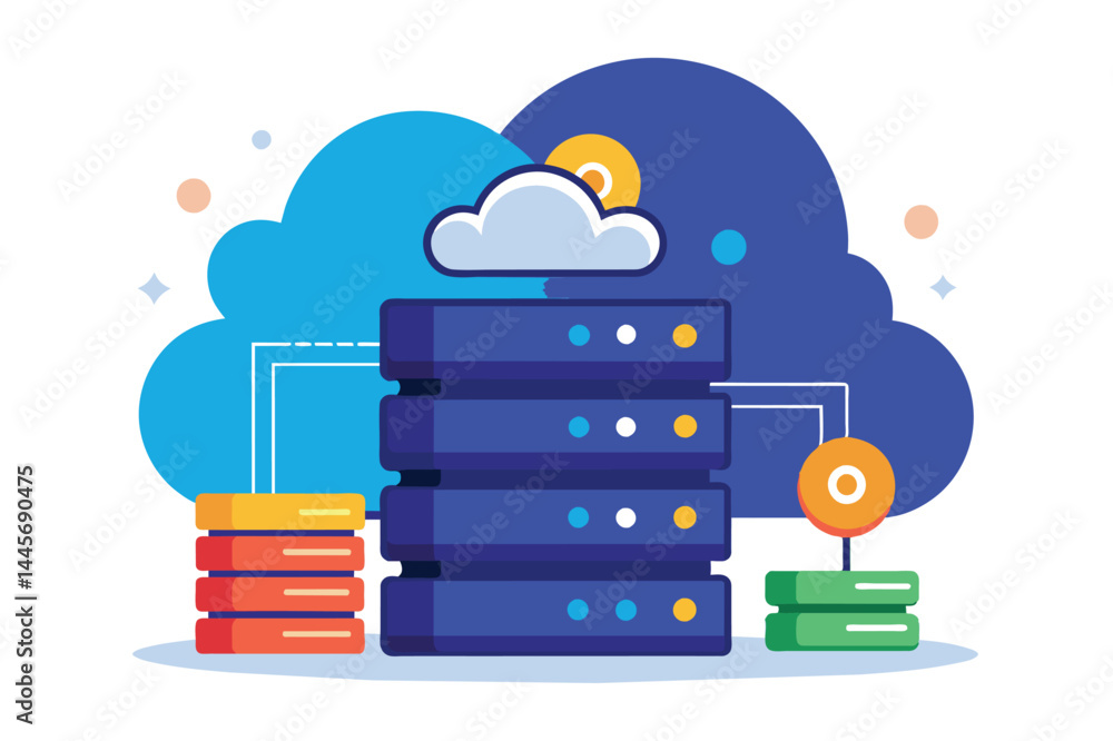 Poster this illustration showcases a collection of colorful servers arranged next to clouds, symbolizing da