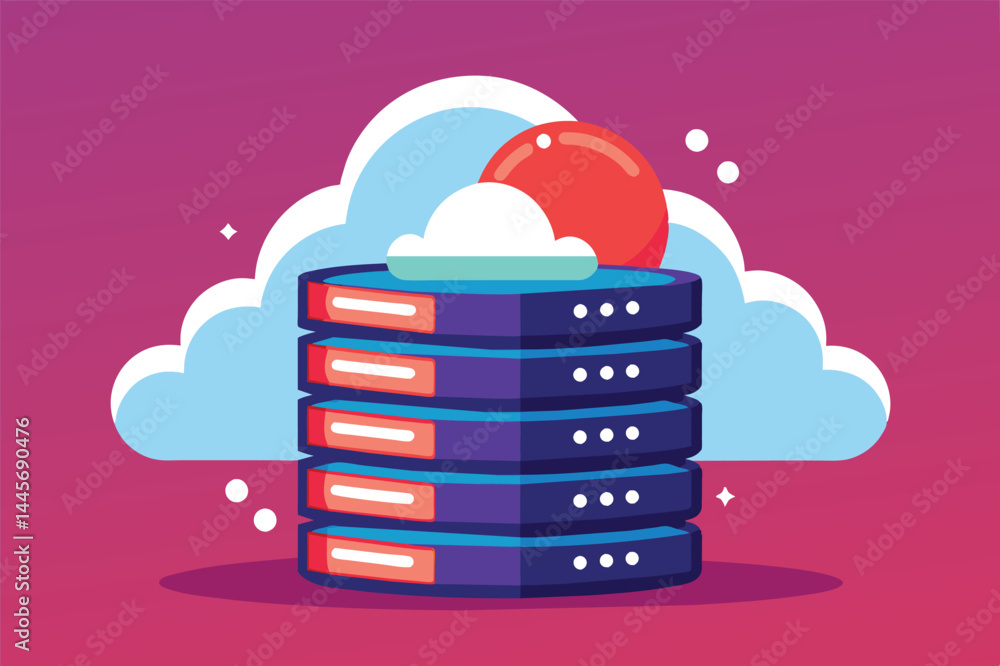 Poster colorful illustration features stacked servers beneath a cloud and sun, symbolizing cloud computing 
