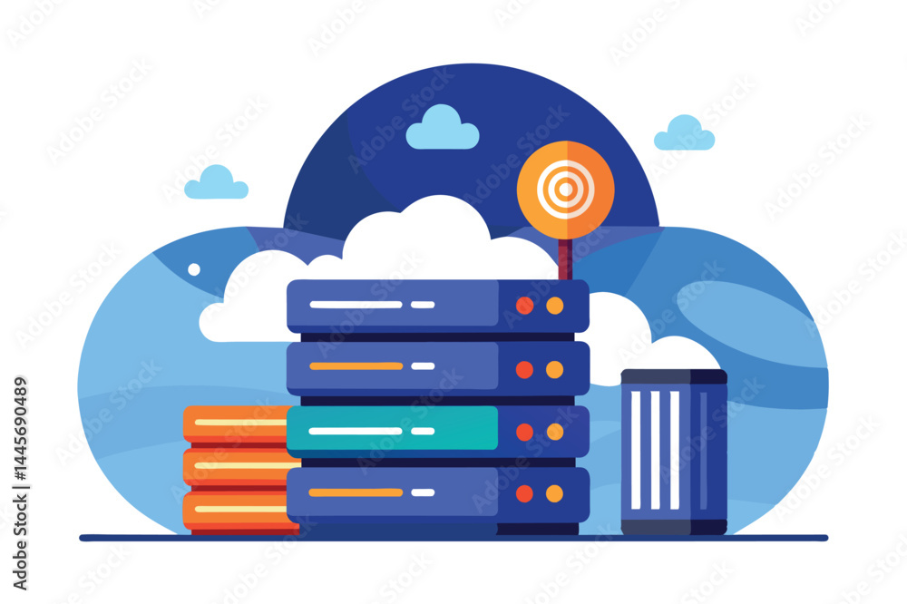 Aufkleber illustration depicting data storage solutions with colorful servers, a target icon, and a cloud back