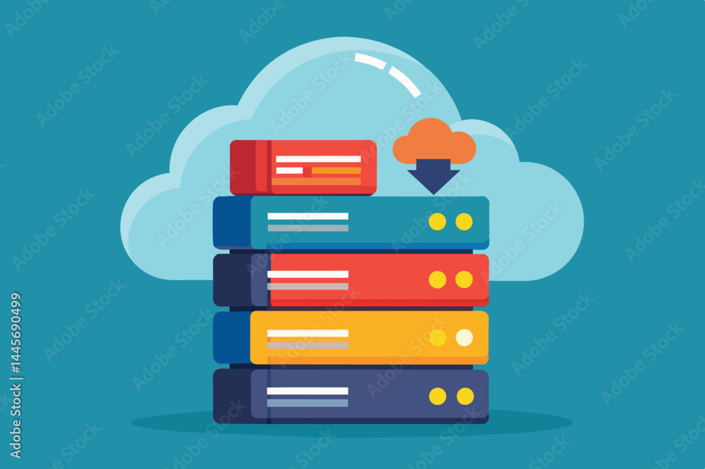 Poster a vibrant stack of servers in various colors is placed beneath a fluffy cloud icon, illustrating the