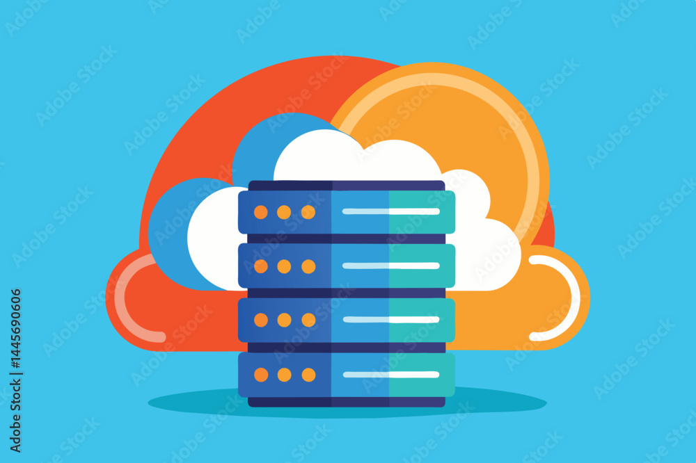 Poster the artwork showcases a stylized depiction of stacked data servers surrounded by cloud shapes, illus