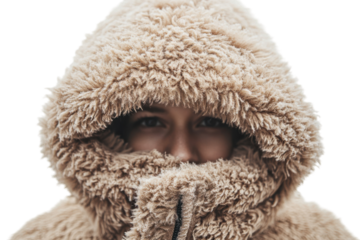 Cozy winter warmth A face hidden in a fluffy beige hooded jacket soft light snowy day
