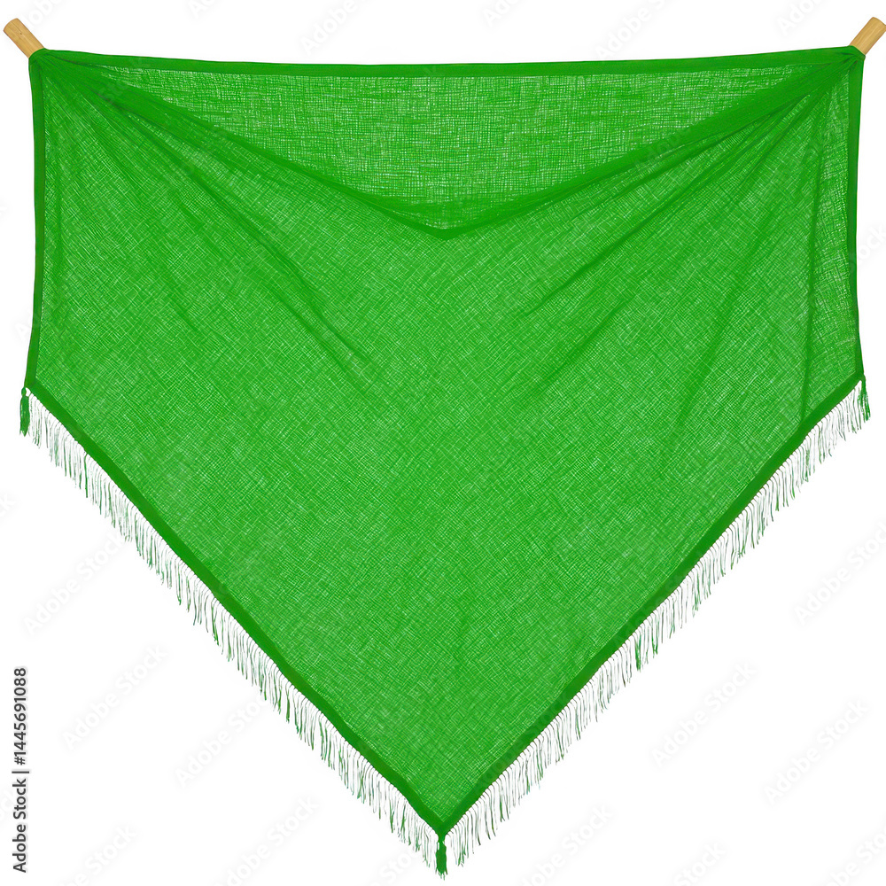 Poster Vibrant green triangular shawl with fringe detail is displayed, showcasing its textured fabric and elegant drape. shawl is hung on line, highlighting its intricate design and craftsmanship