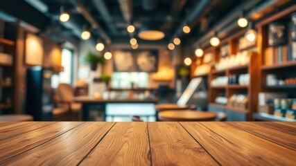 Empty wooden table in a cozy, dimly lit cafe with shelves