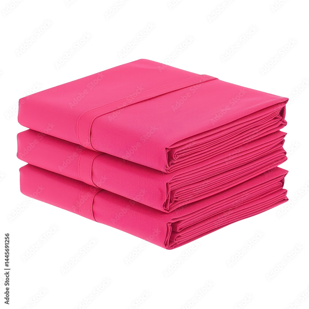 Poster three neatly folded pink bed sheets stacked on top of each other, showcasing vibrant color and smoot