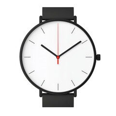 Minimalist black wristwatch with white face and simple hour markers, featuring red second hand, exudes elegance and modern style