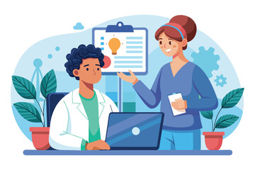 In a contemporary office, a scientist sits at a laptop while a colleague stands beside him, engaging in a conversation about research insights and ideas.