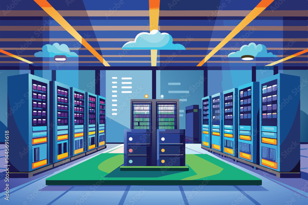 Poster the interior of a data center displays high-tech servers and storage solutions, surrounded by colorf