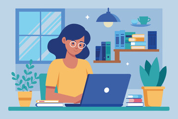 A young woman focuses on her laptop while seated at a bright desk surrounded by books, potted plants, and a window letting in natural light.