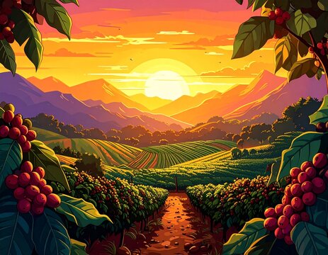 Sunset at the coffee field landscape