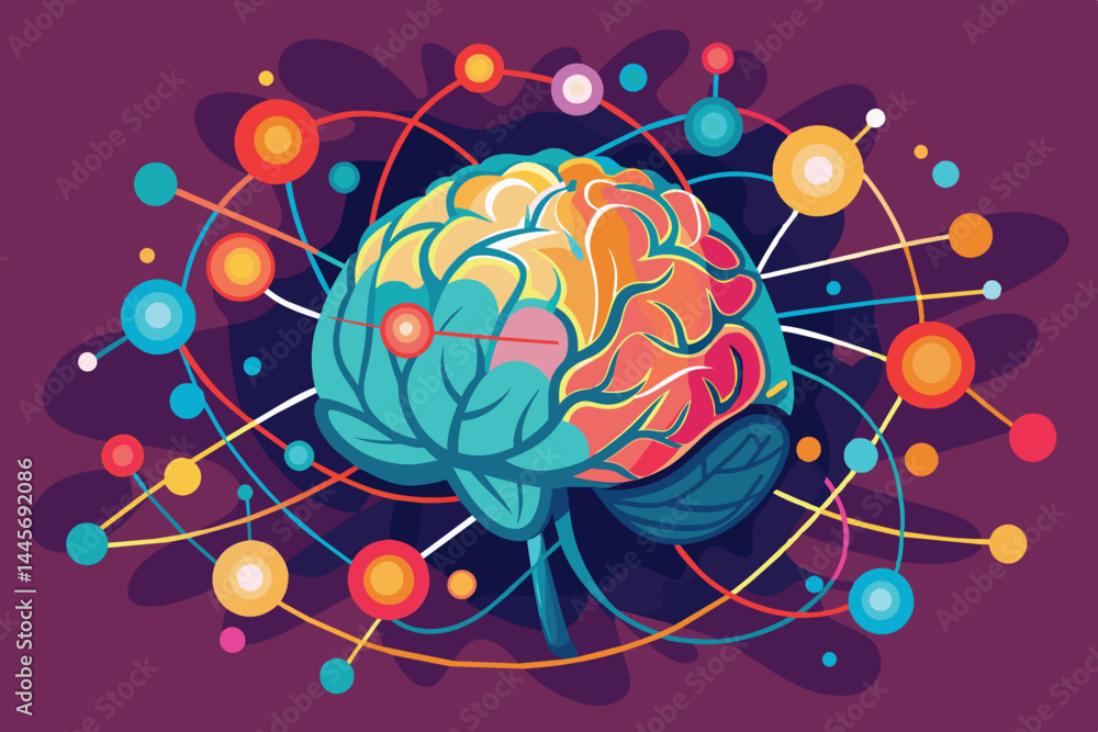 Poster a colorful brain illustration features dynamic connections of dots and lines, symbolizing the flow o