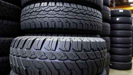 Fototapeta premium A Stack of New Vehicle Tires Ready for Installation