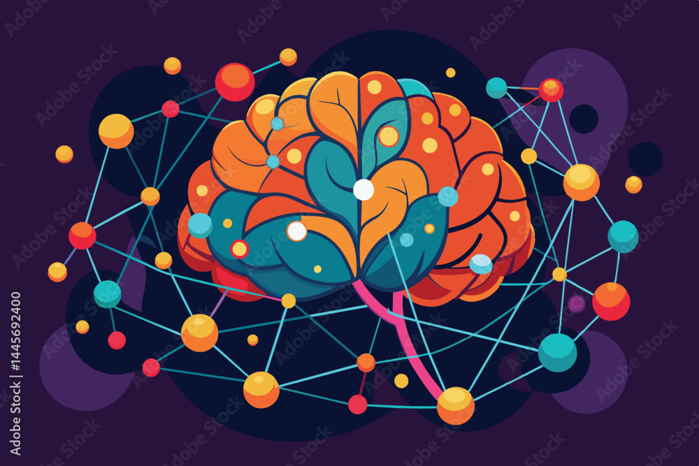 Poster a vibrant artistic representation of a brain showcases a network of connections and colorful nodes, 