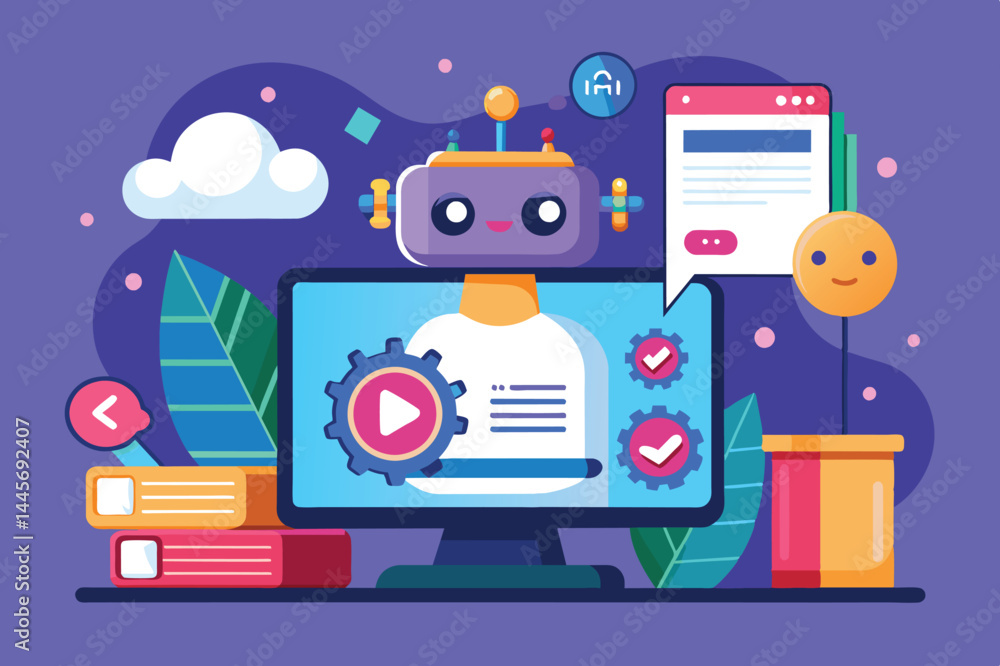 Poster a vibrant illustration features a cheerful robot on a computer monitor, interacting through chat bub