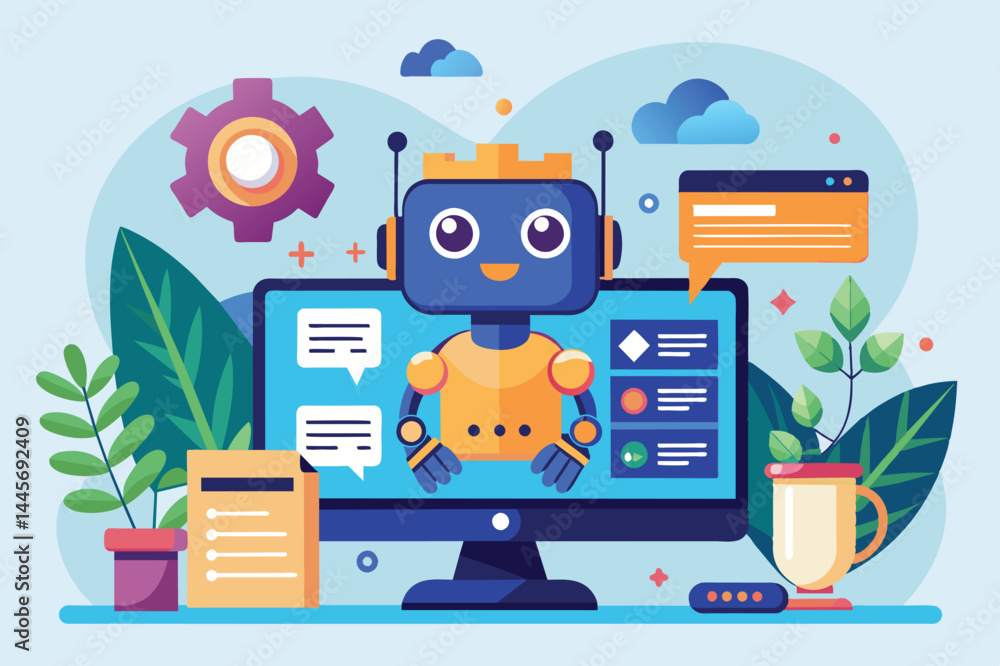 Poster a cheerful robot engages with users through a computer, showcasing a blend of technology and creativ