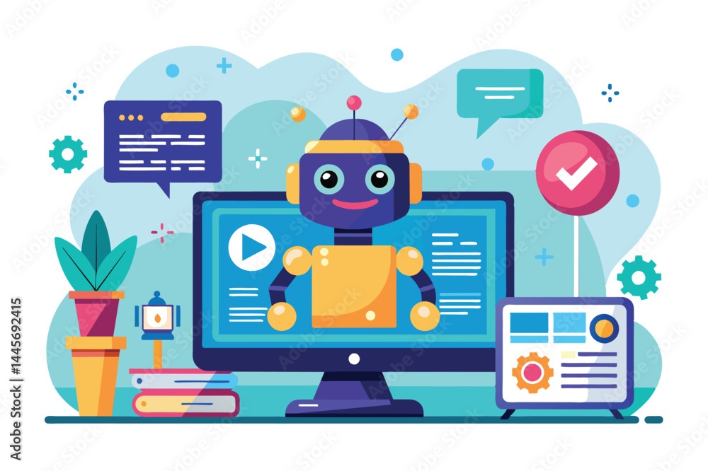 Poster a cheerful robot engages with a computer, surrounded by plants and various tech elements, creating a