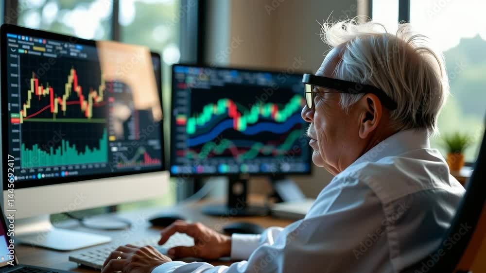 Poster an elderly man analyzes financial charts on multiple computer monitors in a well-lit office environm
