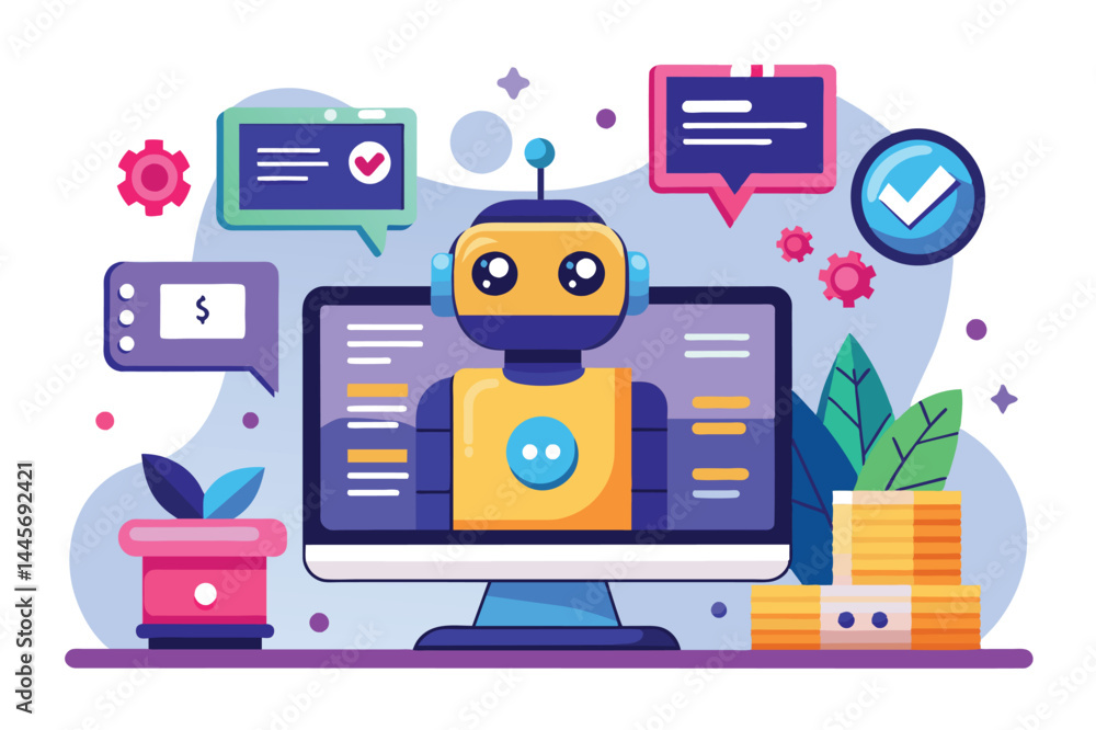 Poster a cheerful robot stands in front of a computer display filled with graphics, while digital icons and