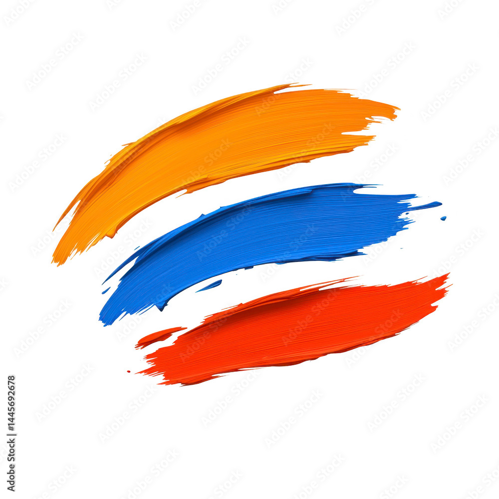 Poster three vibrant brush strokes in orange, blue, and red create abstract design on transparency backgrou