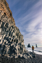 Reynisfjara black sand beach and basalt column mountain (South Iceland)