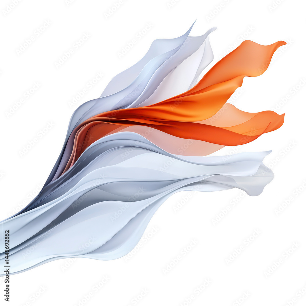Poster abstract flowing shapes in white and orange create dynamic and elegant composition, resembling fabri