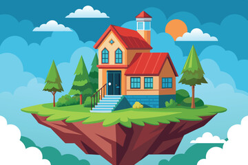 Naklejka premium A charming house rests on a floating island, surrounded by lush trees and fluffy clouds, under a vibrant sun in a fantasy landscape.