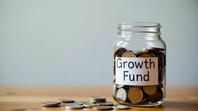 A hand drops coins into a labeled glass jar filled with money for a growth fund on a wooden surface.