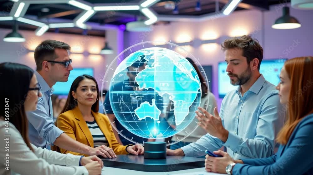Poster a business team collaborates around a digital holographic globe in a modern technology workspace.