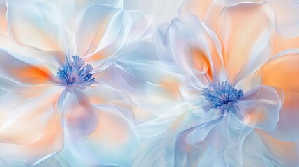 Fototapeta premium Two translucent flowers are displayed with blue and orange tones