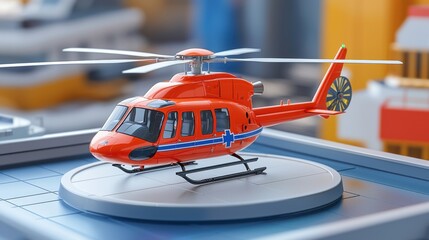 Naklejka premium Detailed miniature orange rescue helicopter model with propellers and landing skids on a display stand in a cluttered workshop or toy room setting