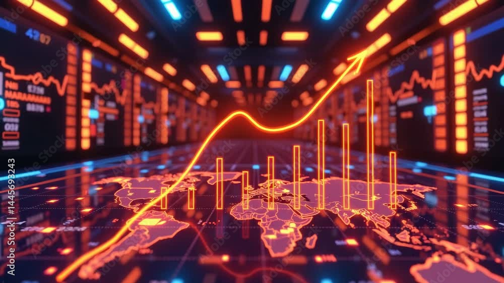 Poster a glowing digital graph rises over a world map in a futuristic data center filled with illuminated f