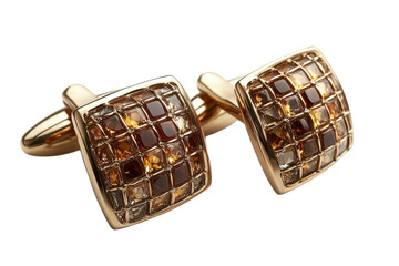 Elegant gold cufflinks with amber mosaic detail showcasing luxury and sophistication on white